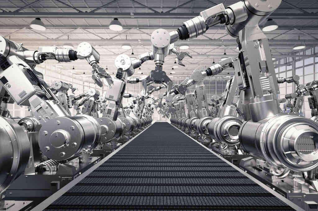 manufacturing assembly line of arm robots 