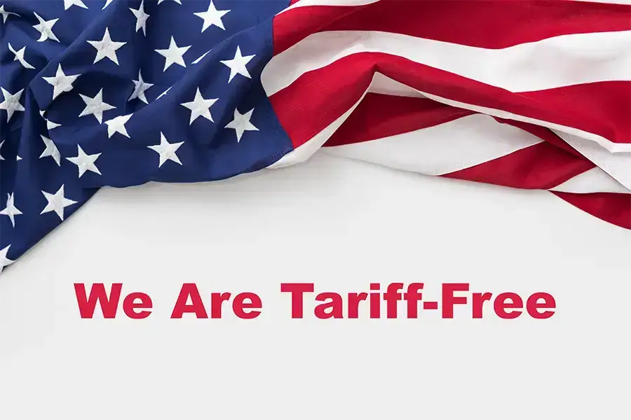 American flag with bold text stating ‘We Are Tariff-Free’ – Macron Dynamics announces no tariff impact on U.S.-made automation solutions.